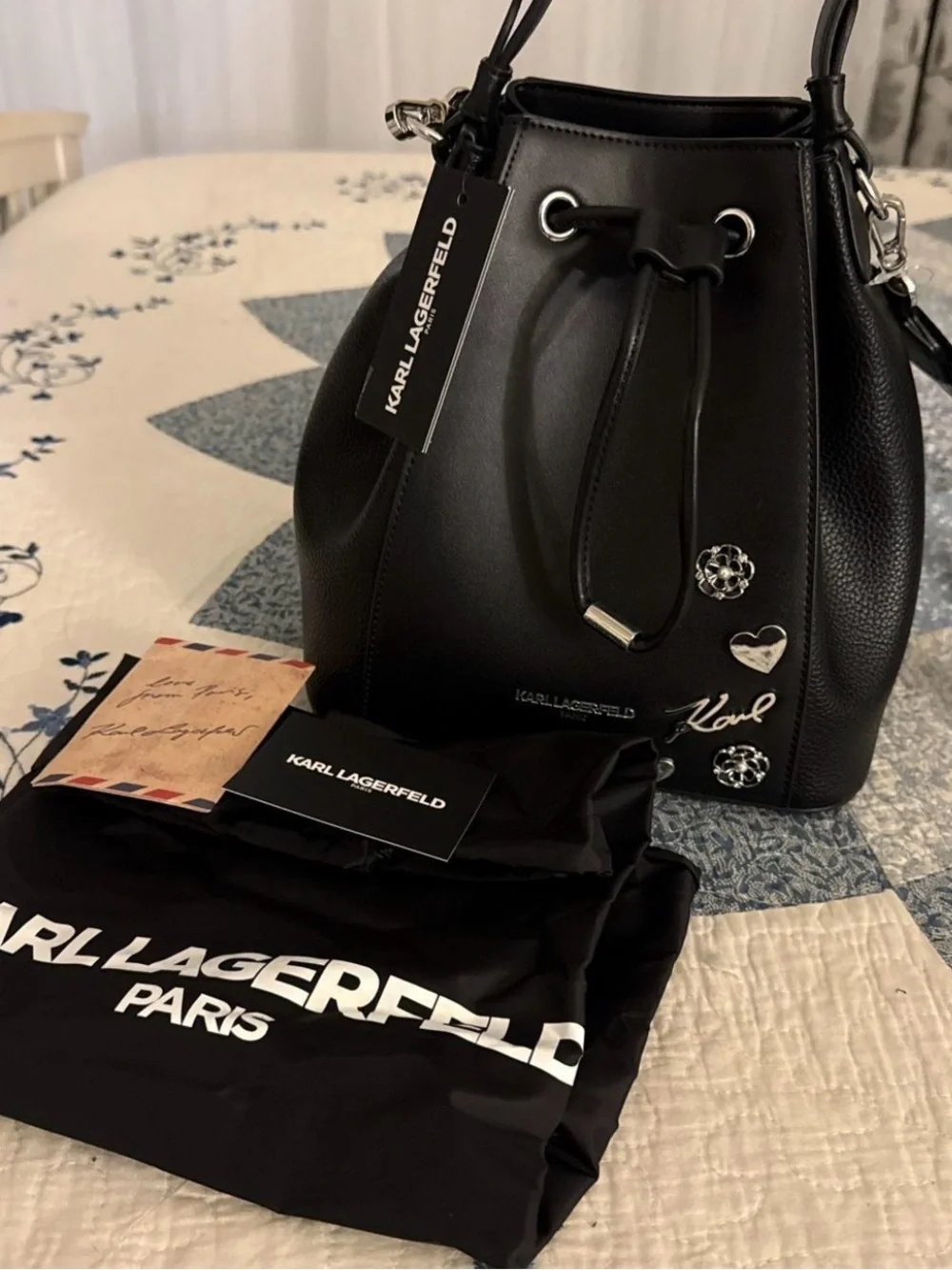Karl Lagerfeld Black Leather Drawstring Hobo with Logo Strap